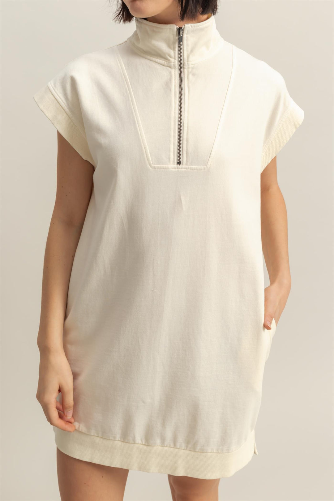 Half Zip Up Mock Neck Mini Dress - Cream