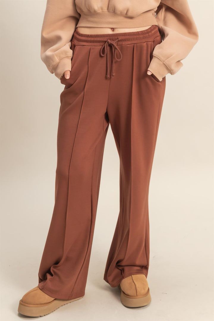 Scuba High-waist Drawstring Pintuck Wide Leg Pants