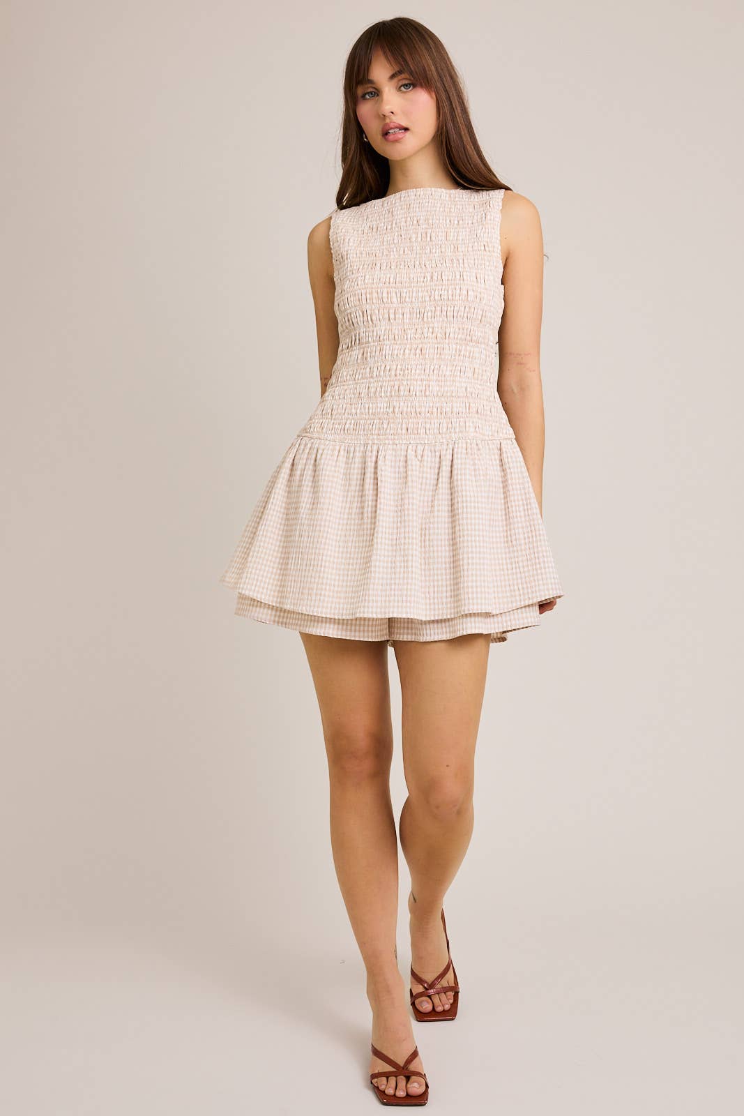 Boat Neck Smocking Bodice Low Waist Romper