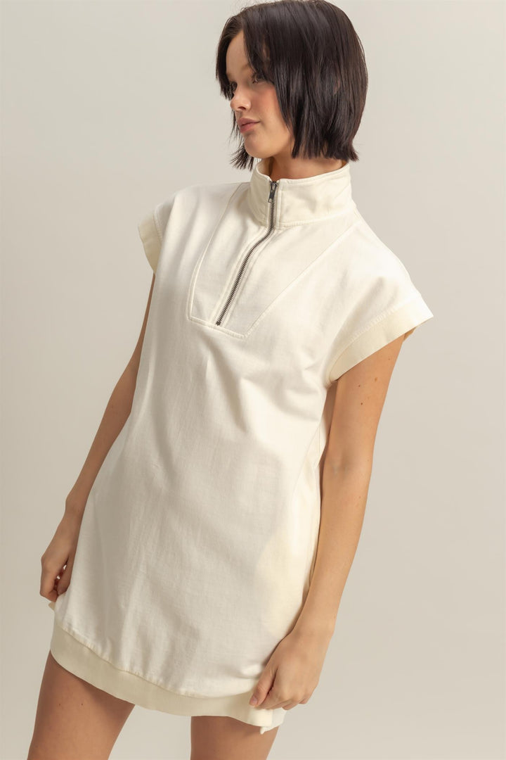 Half Zip Up Mock Neck Mini Dress - Cream