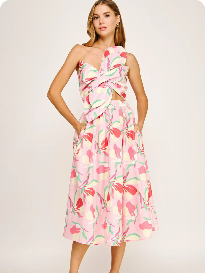 Knotted Flower Bow Floral Midi Dress - Pink Multi