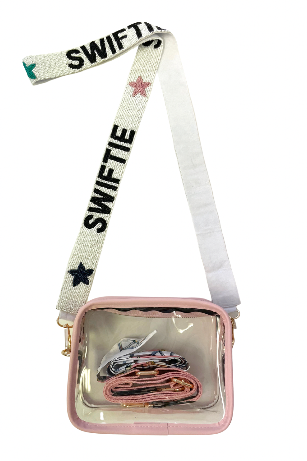 White Clear Purse With Beaded Guitar Strap and Custom Patches 