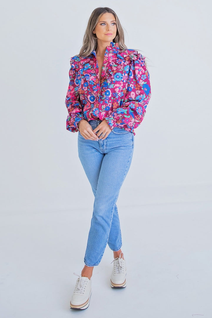 Magenta London Floral Button Top